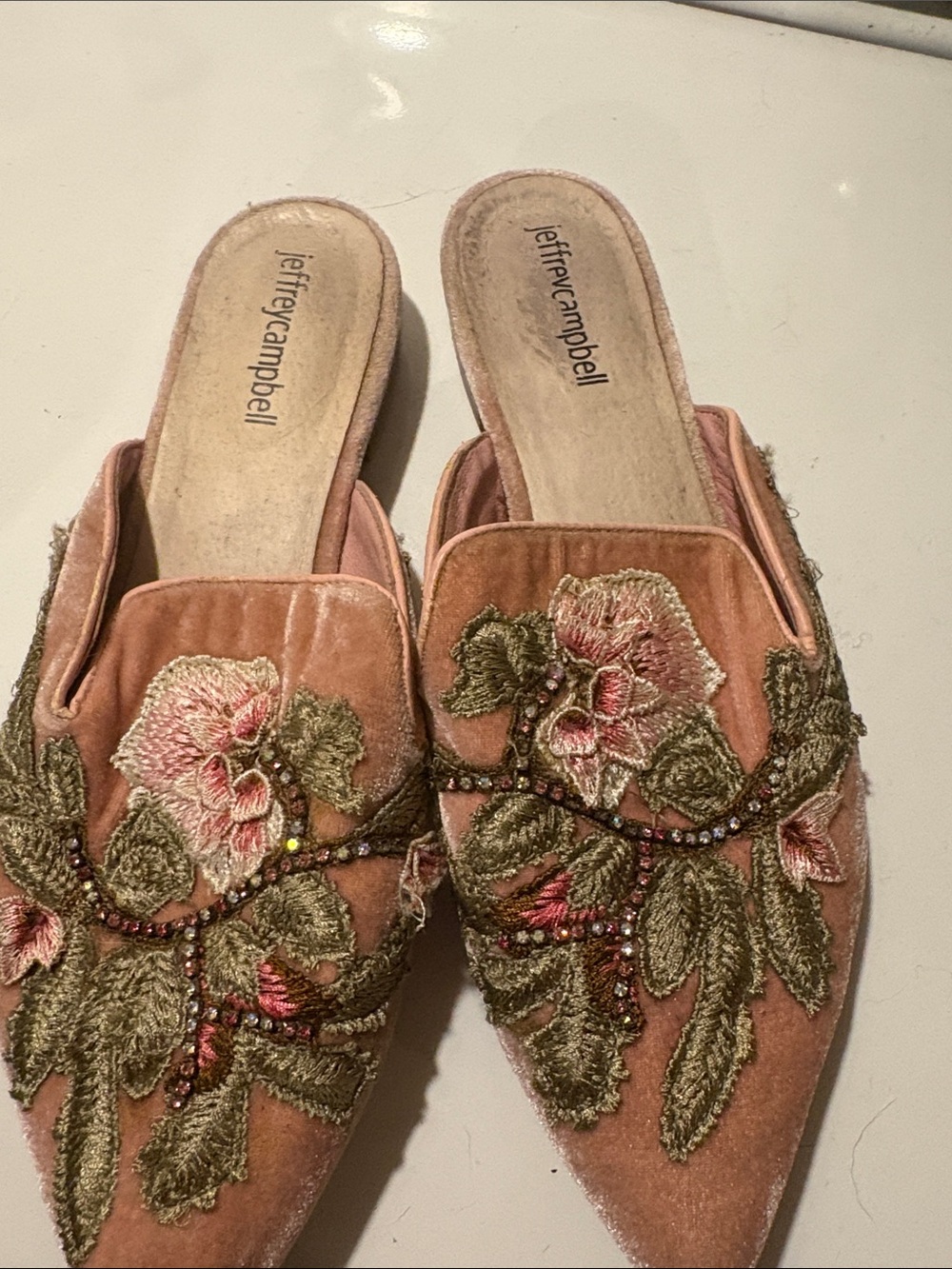 Jeffrey Campbell Rose Pink Velvet Embroidered Slip-On Mules
